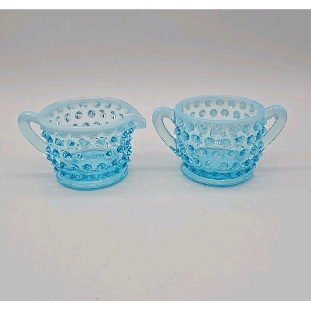 Fenton Blue Opalescent Hobnail Glass Creamer Sugar Set Vintage Art Glass MCM